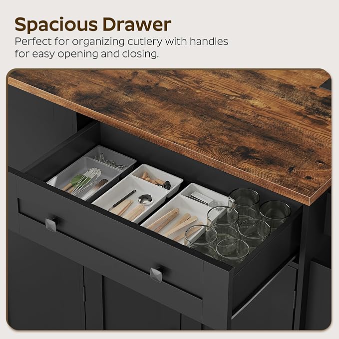 Kitchen Island with Storage, Mobile Rolling Cart with Trash Can Storage, Kitchen Island on Wheels, Rolling Island Table with Charging Station, Spice Rack, for Kitchen, Rustic Brown ZD02UBR