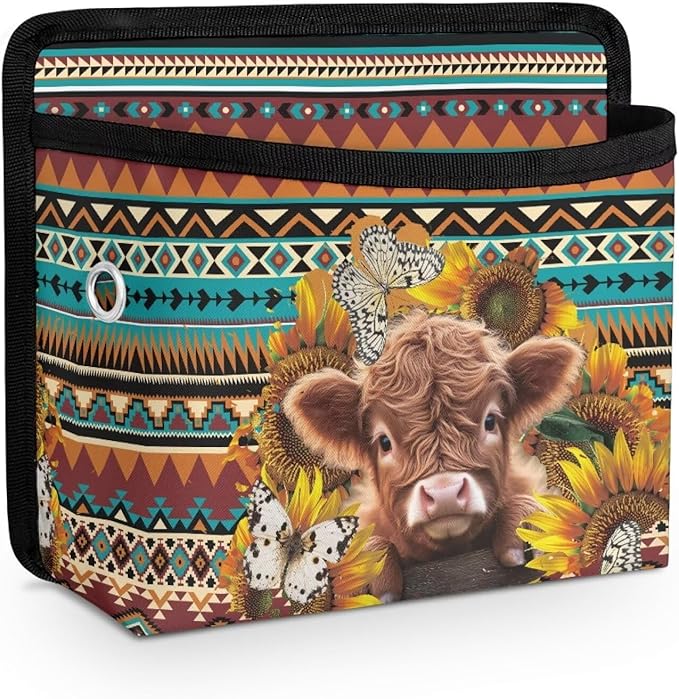 Tribal Highlands Cow Car Side Pocket Organizer Holder for Cell Phone Sunglasses Cards Front Back Seat Storage Pocket for Car Small Auto Console Door Window Storage Bag