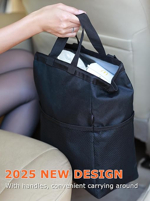 Ginsco 2 Pack New Leak-Proof Travel Car Trash Bag, 3.5 Gallons Large Capacity Hanging Car Trash Can with Hook and Loop Lid and Handle, Multipurpose Trash Bin with Storage Pockets for SUV RV Camping