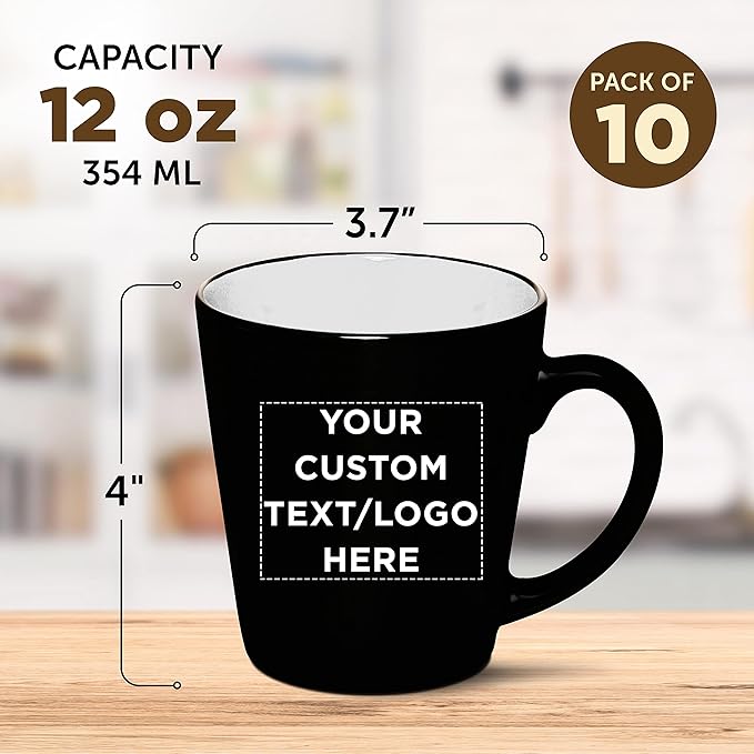 Custom Ceramic Coffee Latte Mugs 12 oz. Set of 10, Personalized Bulk Pack - Perfect for Coffee, Tea, Espresso, Hot Cocoa, Other Beverages - White