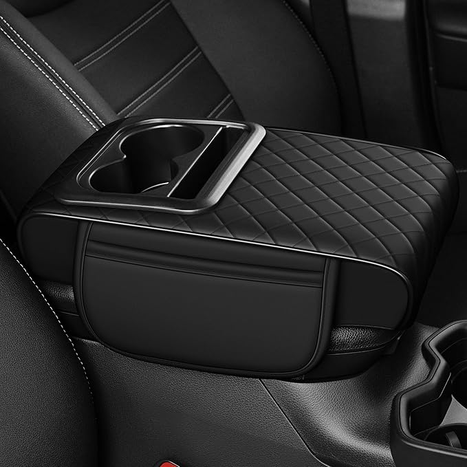 Center Console Cover for Clarity: Armrest Cover for Car with 2 Storage Bags - Waterproof Leather Center Console Cover with Cup Holder for Car,Anti-Scratch Auto Armrest Pad Accessory （Black