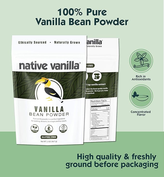 Vanilla Bean Powder - 0.5 oz - Premium 100% Pure Ground Vanilla Bean Powder - For Cooking, Baking, Coffee, Smoothies & Desserts - No Fillers or Additives, Raw & Unsweetened - Native Vanilla