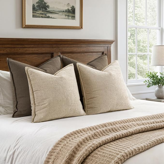 MIULEE Pack of 2 Couch Throw Pillow Covers 20x20 Inch Beige Farmhouse Decorative Pillow Covers with Stitched Edge Soft Chenille Solid Dyed Pillow Covers for Sofa Bed Living Room