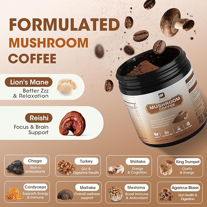 2Pack Mushroom Coffee - Lions Mane Mushroom Powder Arabica Instant Coffee with Lion's Mane, Reishi, Chaga, Cordyceps and Turkey Tail - Mushroom Coffe Alternative Support Immune & Focus, Brain Booster