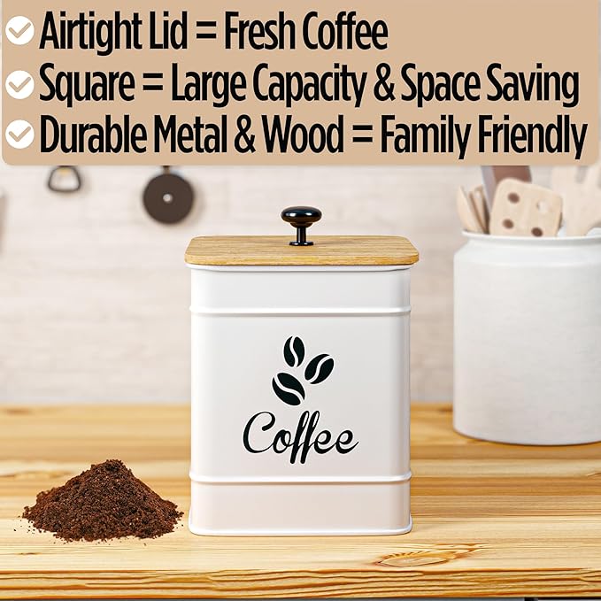 Airtight Coffee Canister - 40 oz Large Iron White Coffee Container Airtight - 6 x 8 inch Metal Jar - Stylish Countertop Container for Coffee Grounds, Beans, Pods & More with Rubber-Lined Bamboo Lid