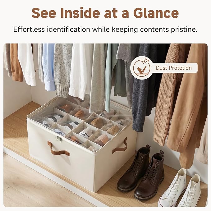 StorageWorks Shoe Organizer for Closet, Shoe Storage Cubby Containers with Adjustable Dividers and Clear Cover, Fits up to 16 Pairs, Foldable Shoe Storage Box for Closet, Entryway, Beige