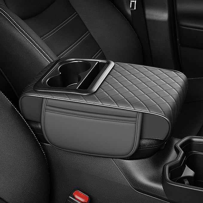 Center Console Cover for Ridgeline: Armrest Cover for Car with 2 Storage Bags - Waterproof Leather Center Console Cover with Cup Holder for Car,Anti-Scratch Auto Armrest Pad Accessory （Grey