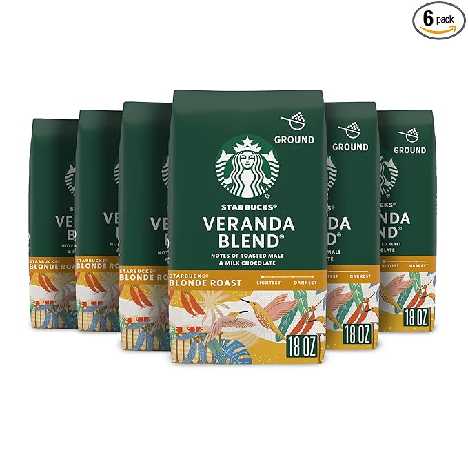 Starbucks Ground Coffee, Blonde Roast Hot or Iced Coffee, Veranda Blend, Six 18 oz Bags