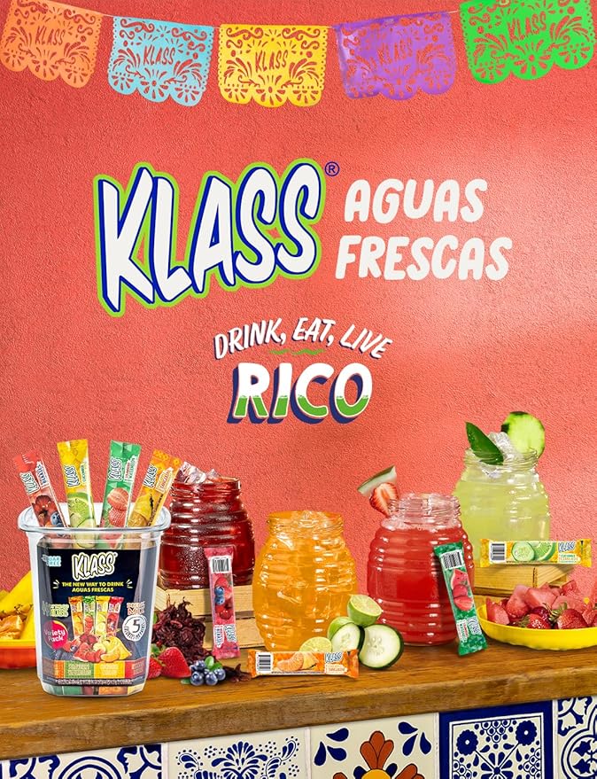 Klass Aguas Frescas, Powdered Drink Mix Variety Pack, 44 Singles Zero Sugar & Caffeine-Free Powder Packets, Water Drink Mix, Flavors: Cucumber Limeade Pineapple Tangerine Strawberry Watermelon & Hibiscus Berries - 5 Calories Per Packet & Natural Flavors