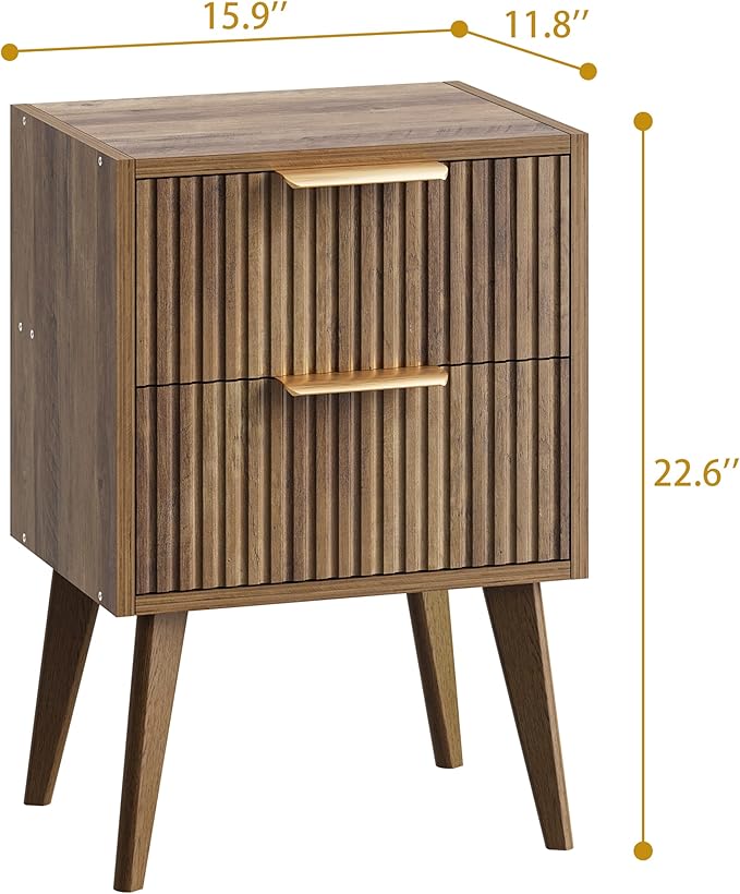 Mid Century Modern Nightstand,Small Bedside Table with 2 Drawers,Fluted Side Table,Walnut Brown End Table for Living Room,Bedroom,Small Space,Caramel Oak 11.8" D x 16" W x 22.4" H CTG55BR