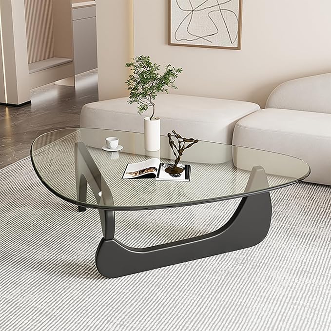 Mid Century Modern Glass Coffee Table, Coffee Table for Living Room, Noguchi Coffee Tables,Suitable for Bedroom Living Room Reception Office Tables (Black/Transparent, ML)