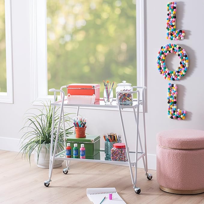 Gina White Mid-Century Bar Cart with Mirrored Shelves and Locking Wheels by Linon