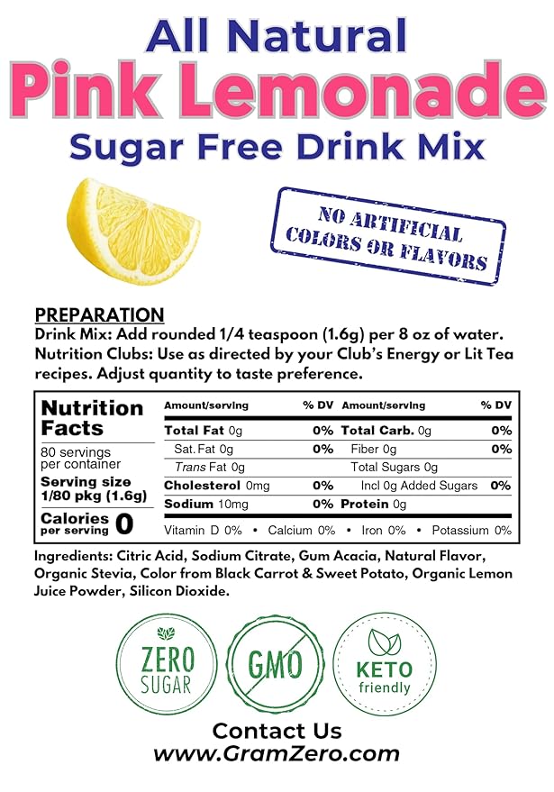 GramZero All Natural Pink Lemonade Zero Calorie Sugar Free Drink Mix, Great For Nutrition Club Loaded Tea, Stevia Sweetened