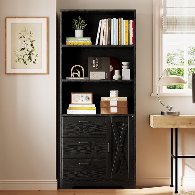 IRONCK Bookshelf with Doors and 3 Drawers 71 in Tall Bookcase with 3-Tier Shelves, Industrial Book Shelf with Storage for Living Room Entrance Hallway Home Office, Black