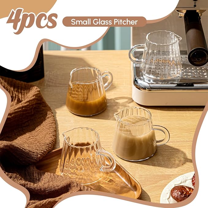 LemonRoad 4 Pcs Small Creamer Pitcher Elegant Wave Shaped Creamer Pitcher for Coffee, Milk, Tea 6 oz Milk Frothing Cup Serving Jug for Kitchen