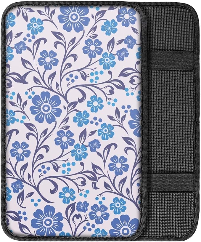 Blue Flower Car Center Console Armrest Pad Cushion Daisy Floral Cars Accessories Breathable Soft Car Center Console Cover Seat Box Cover for Sedan, Van, SUV, Trucks