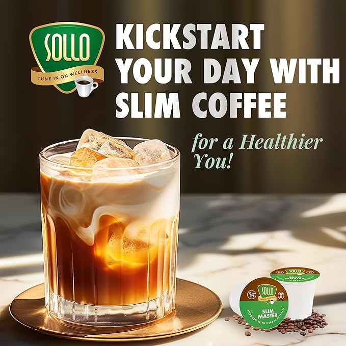 Sollo Slim Organic Coffee Pods, Diet Support, Weight Loss with Garcinia, Green Coffee Bean, Bold Dark Roast, Single Serve Pod, Compatible with Keurig K-Cup Brewers, 24 Ct