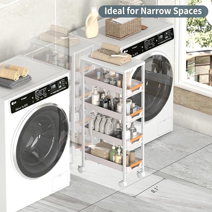 5 Tier Slim Rolling Utility Cart with Drawers Pull-Out Design Slim Storage Cart with Metal Frame and Wooden Top for Narrow Space in Home Kitchen Bathroom White (Width 8.1 Inches)