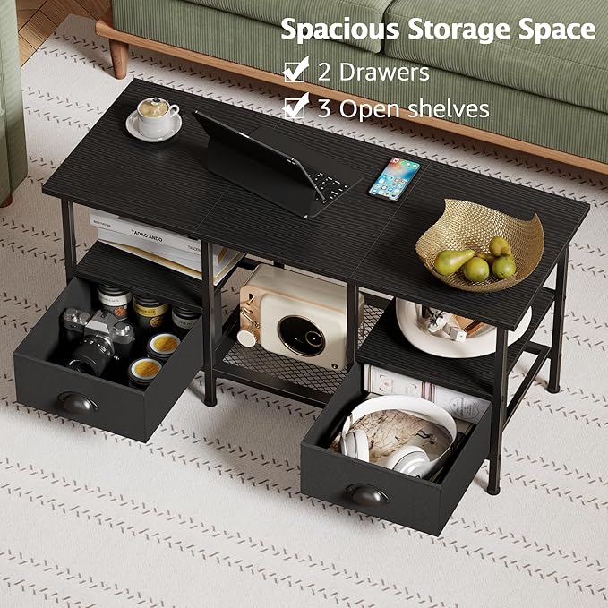 Furologee 35" Coffee Table with 2 Storage Drawers, Small Coffee Tables for Living Room, Modern Center Table with 2 Tier Shelf, Black