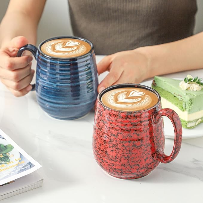 Hasense Large Coffee Mugs Set of 2, Ceramic 20 oz Coffee Cups for Office and Home, Modern Coffee Mug with Big Handle for Latte Coffee Tea Soup as Gifts, Dishwasher & Microwave Safe, Blue and Red
