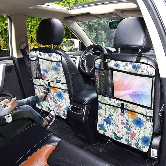 2 Pack Back Seat Car Organizer with Storage Pockets Kick Mats Back Seat Protector Hanging Car Organizer Automotive Seat Back Cover Organizers Watercolor Cornflower Daisy