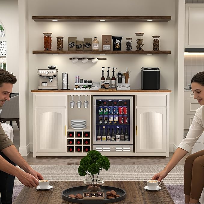 GDLF Extra Long Bar Cabinet with Fridge Space, Modern Wine Liquor Cabinet with Storage and Power Outlet, Buffet Sideboard with Fluted Doors for Home, 78.7 Inch, White