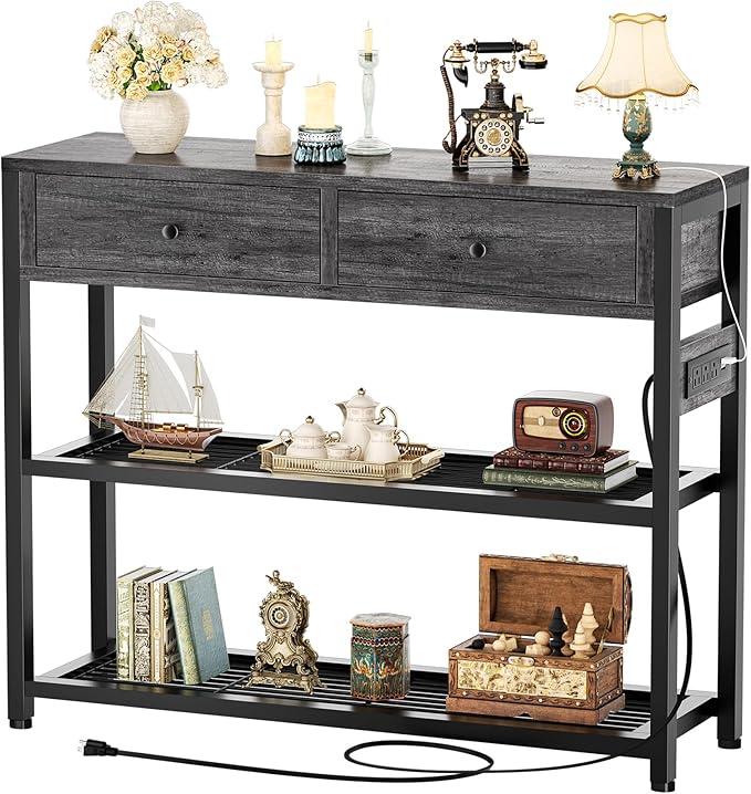 Ecoprsio Entryway Table with Outlets and USB Ports, Small Console Table with 2 Drawers, Sofa Table with Storage Shelves for Living Room, Couch, Hallway, Foyer, 32'', Grey Oak