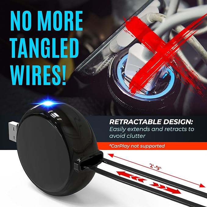 2-in-1 Retractable Charger for Car iPhone and Android, Wall Outlet or PC | Modern Car Charger Retractable Cord | 15W Fast Charging | Does not Work with CarPlay