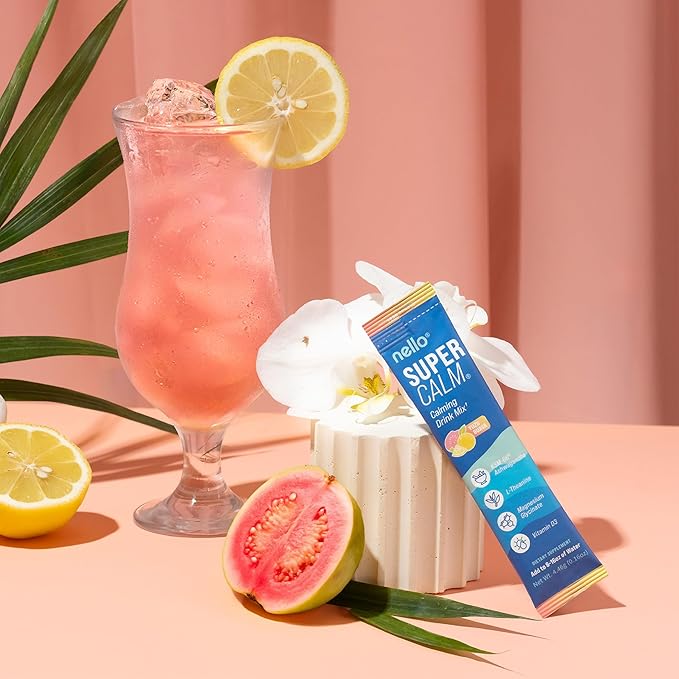 Nello Supercalm Powdered Drink Mix, Cortisol Reducer* and Sleep Aid Supplement, L Theanine, Ksm-66 Ashwagandha, Magnesium Glycinate, Vitamin D 3, No Sugar, Non GMO, On The Go, 20 Ct, Yuzu Guava