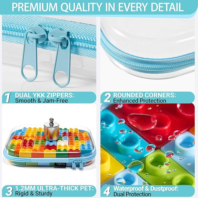 YQBRAO 4-Pack Clear Hard Shell Zipper Case, 1.2mm Ultra-Thick Diaper Bag Organizer Pouches, Rigid Self-Standing Travel Makeup Bags with YKK Zippers, TSA Approved, Blue