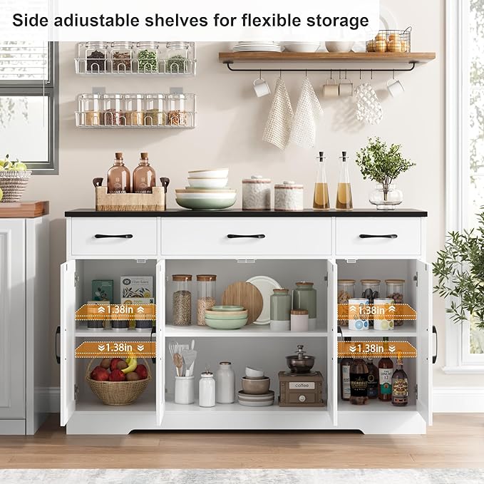 HOSTACK Buffet Sideboard Cabinet with Drawers, 55" Large Buffet Storage Cabinet with Shelves and Doors, Modern Farmhouse Coffee Bar Station Wood Kitchen Table for Kitchen, Dining Room, White/Black