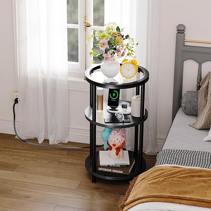 Homeiju Round Side Table with Glass Top, 3-Tier Glass End Table with USB Ports & Power Outlets, Bedside Table for Small Space for Living Room, Balcony, Bedroom, Black
