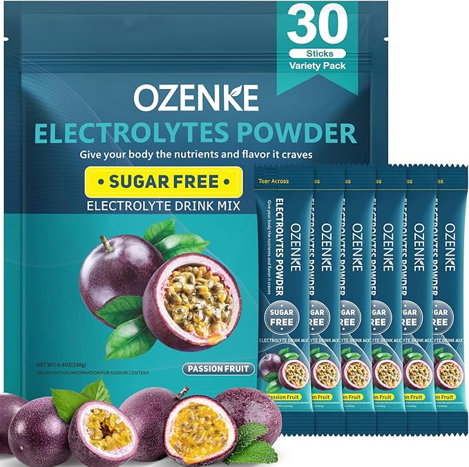30 Sticks Electrolyte Powder Packets Sugar Free Hydration Packets Electrolytes Drink Mix for Rapid Hydration, Passion Fruit Flavor
