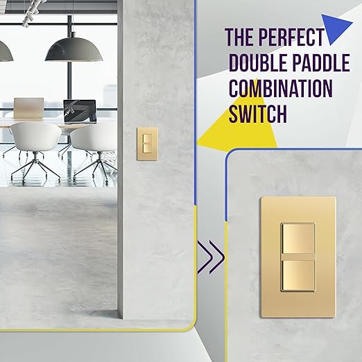 ENERLITES Elite Series Double Decorator Switch with Screwless Wall Plate, Combination Paddle Switch, Ground Terminal, Single Pole, Residential Grade, 15A 120V-277V, 62834-GDWP, Gold with Wall Plate