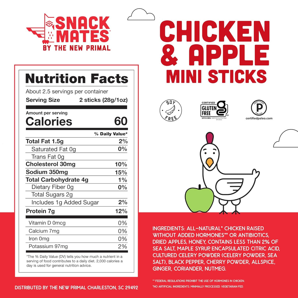 The New Primal Snack Mates, Chicken and Apple Stick - All Natural Chicken, High Protein and Low Sugar Kids Snack, Certified Paleo, Gluten Free, Lunchbox Friendly - 1 Count (Pack of 5)