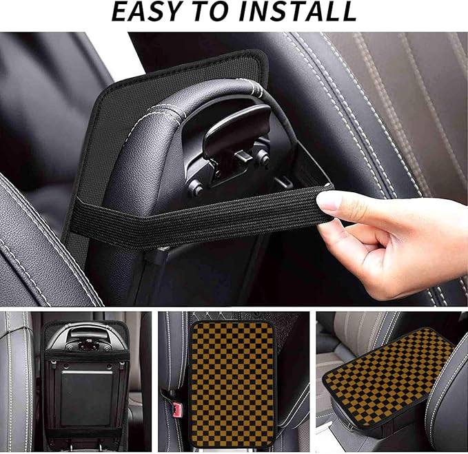 Brown Black Checkered Chessboard Flag Car Armrest Pad Cute Cars Center Console Cover Auto Handrail Box Cushion Armrests Cover