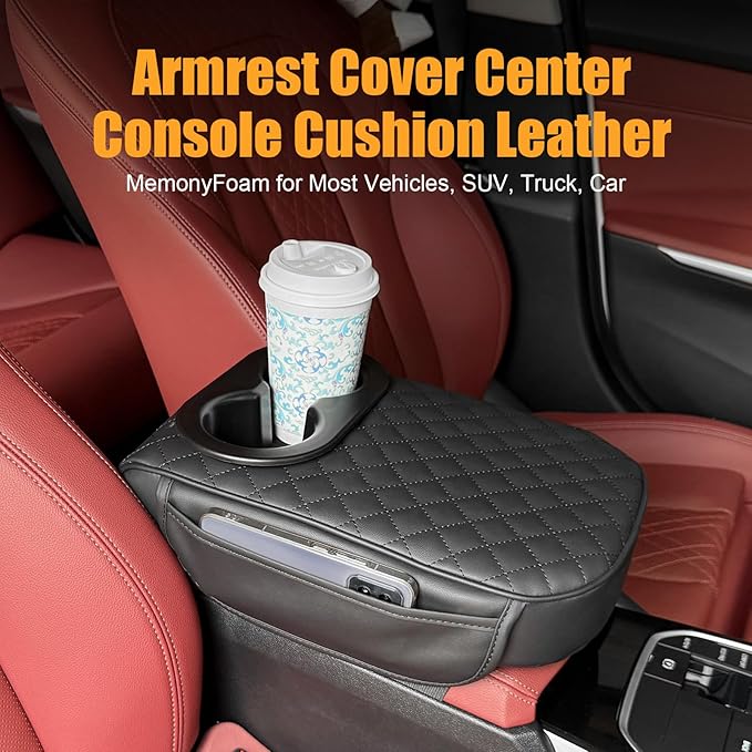 MAIKER Auto Center Console Armrest Pillow for Universal Car, PU Leather Car Armrest Cushion with Cup Holder and 2 Side Storage Bag, Armrest Box Cover Protector