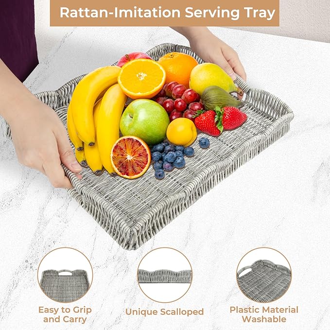 Rectangle Wicker Scalloped Tray, Hand Woven Synthetic Rattan Serving Tray with Handles, Coffee Table Decorative Tray Basket for Modern Boho Rustic Home Ornament or Organizing (Grey)