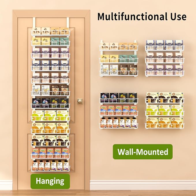 Churboro Over the Door Pantry Organizer Rack with 12 Adjustable Baskets, 12 Tiers Dual-use Spice Rack- Hanging or Wall Mount Spice Rack, Pantry Door Organizer, White