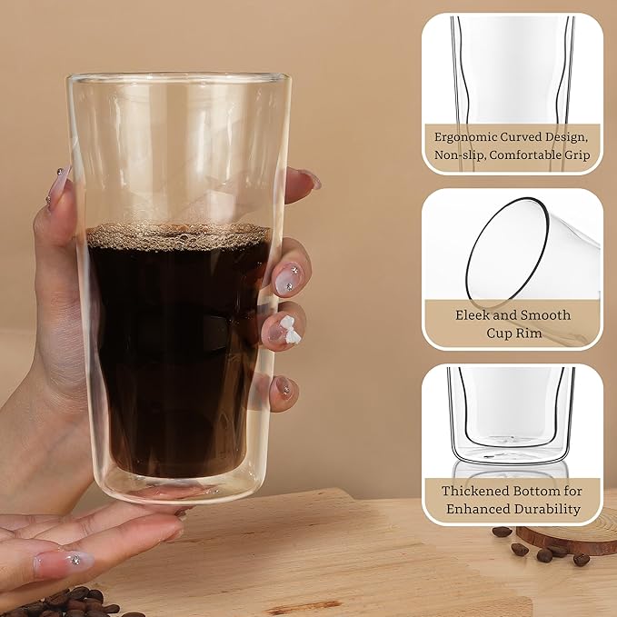 Joeyan Double Wall Insulated Glass Tumbler, 15.2oz Tall Dinking Glasses Set of 2, Highball Glass Cups for Beer, Lemonade, Iced Tea, Tropical Drink, Cocktail, Smoothie, Mojito and Mixed Drinks