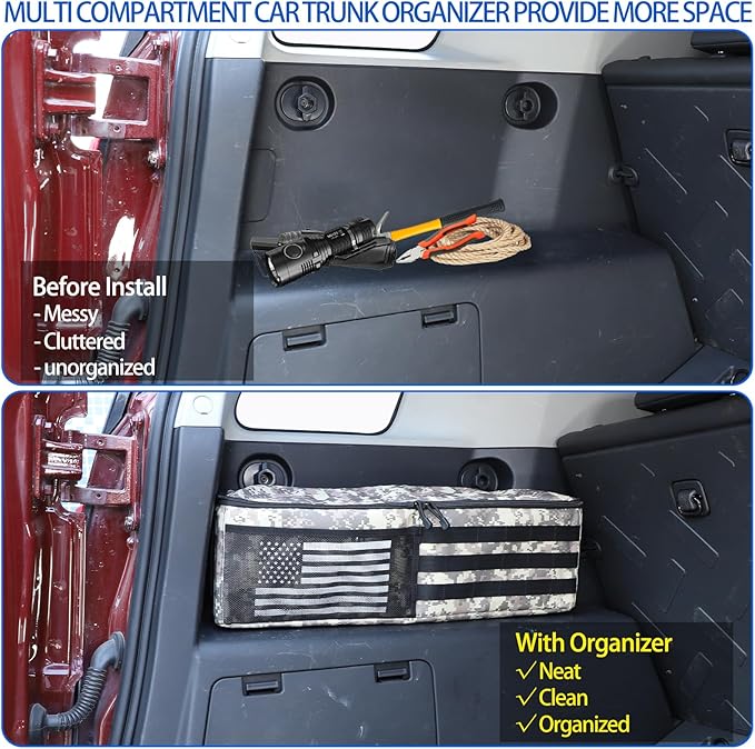 Car Trunk Organizer Compatible with Toyota FJ Cruiser 2007-2021, Rear Storage Organizer With American Flag, Multi-Compartment Oxford Cloth Car Storage Bag Space Saving (Camouflage-Left Side)