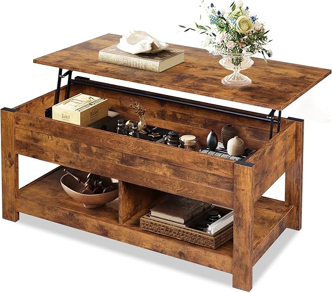 WLIVE Coffee Table, 47" Lift Top Coffee Table with Hidden Compartment and 2 Storage Shelves for Living Room, Rustic Brown