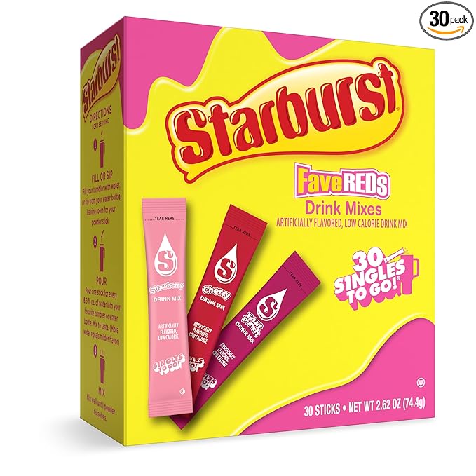 SINGLES TO GO! Starburst Variety Pack, Watertok Powdered Drink Mix, Includes 3 Flavors, Strawberry, Cherry And Fruit Punch 1 Box (30 Servings)