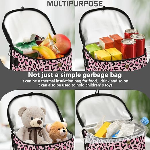 Leopard Print Car Trash Can Pink Animal Skin Car Garbage Bag with Lid Hanging Waterproof Leak Proof Vehicle Storage Bin