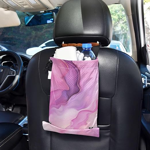 ALAZA Hanging Car Trash Bags Garbage Bag Trash Can for Back Seat Small Marble Hot Pink Washable Storage Bag Retractable 2 Pack