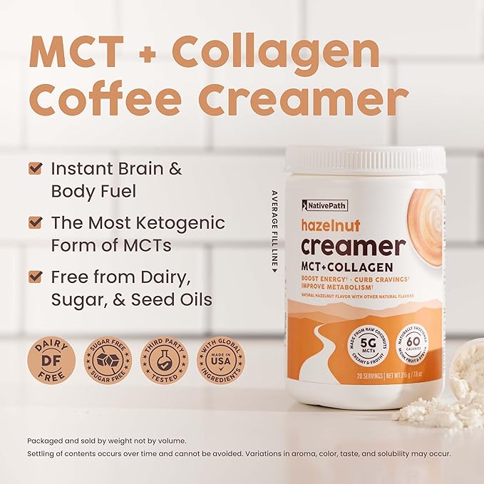 NativePath Keto Coffee Creamer Powder Hazelnut — Keto-Friendly, Non-Dairy & Low Sugar Creamer. Made with Grass-fed Collagen Protein Powder, MCT Oil & Monk Fruit. Soy & Gluten Free (7.6OZ)