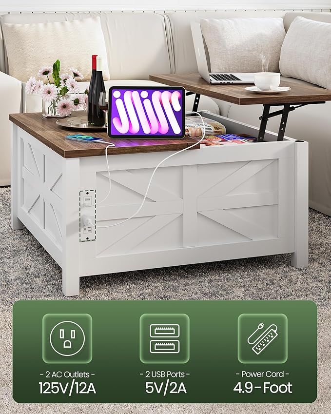 31.5" Lift Top Coffee Table, Farmhouse Coffee Table with Charging Station and Storage, 2 AC Outlets and 2 USB Ports, White and Walnut MKF02UWAN1