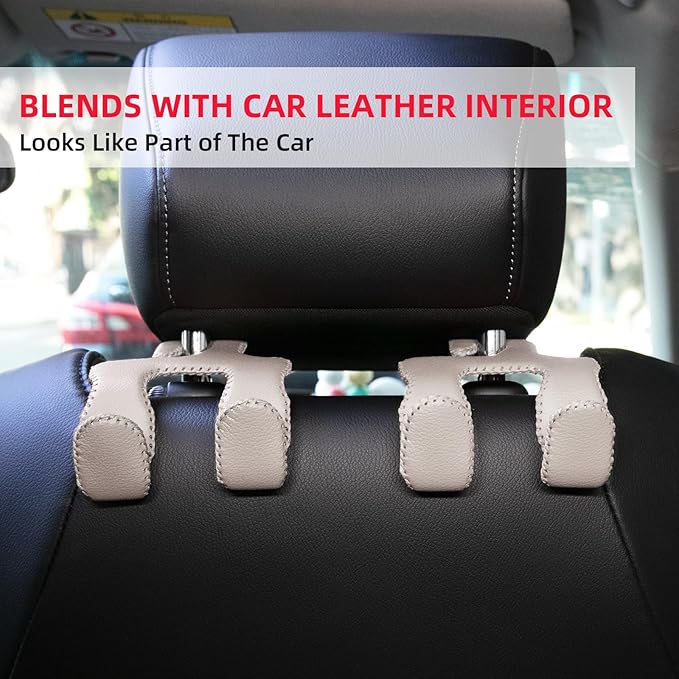 Car Hooks for Purses and Bags, 2-in-1 Durable Hanger, Leather Headrest Hook, Car Back Seat Organizer, 1-Pack, Beige