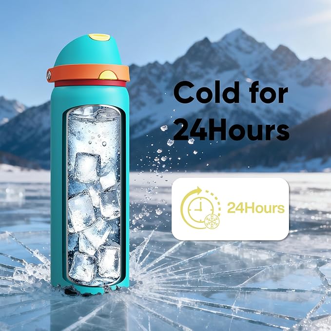 Insulated Water Bottle with Straw - Encool Stainless Steel Water Bottle with Push Button Lid, Leak-Proof & BPA-Free, Keeps Cold for 24 Hours for Sports, Travel, Gym (32 oz, Cerulean Blue)