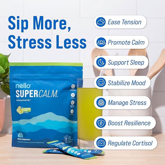 Nello Supercalm Powdered Drink Mix, Cortisol Reducer and Sleep Aid Supplement, L Theanine, Ksm-66 Ashwagandha, Magnesium Glycinate, Vitamin D 3, No Sugar, Non GMO, On The Go, 20 Ct, Cucumber Lime